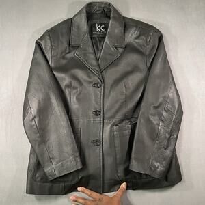 VTG KC Collection Black Leather Button Down Winter Pleated Coat Women’s Size L